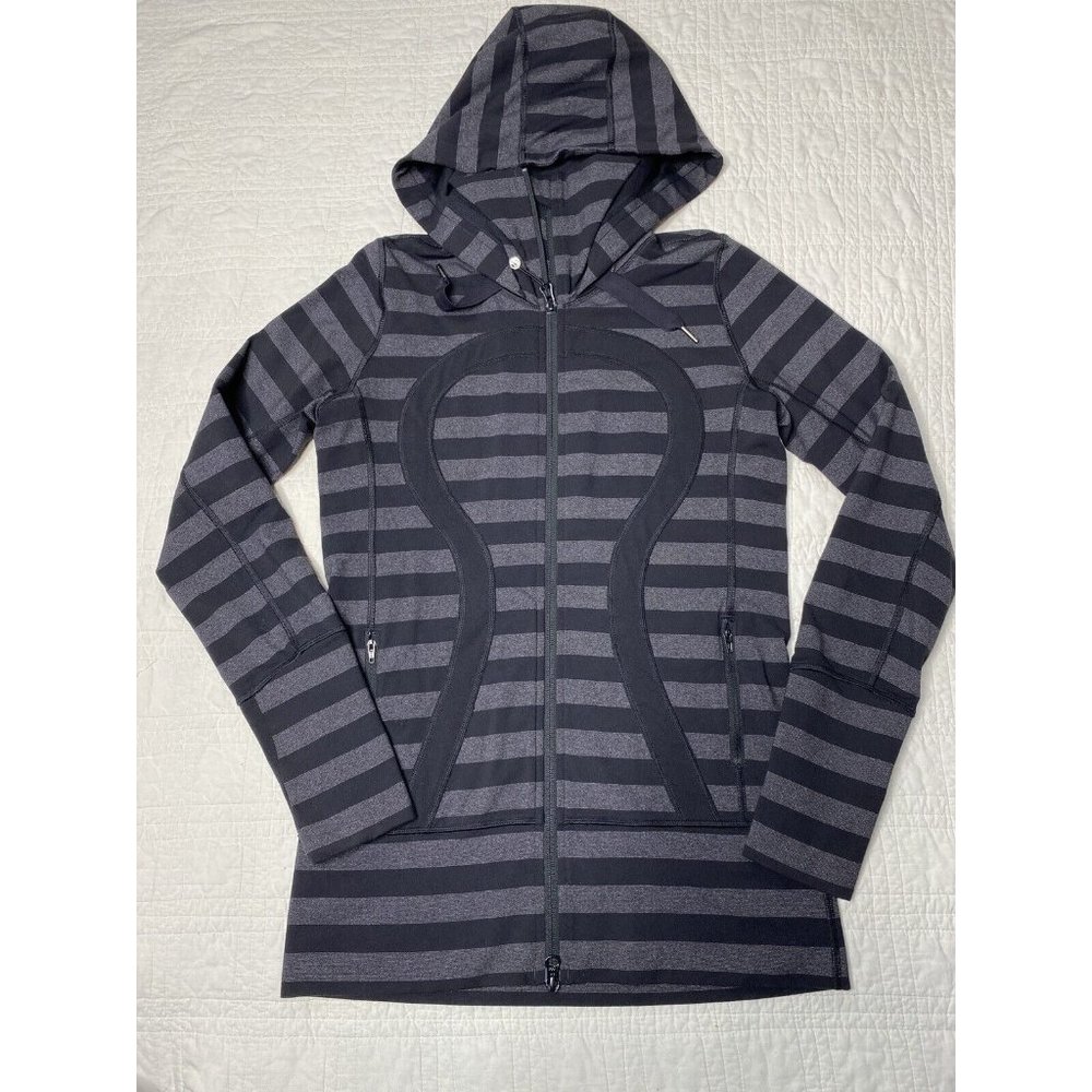 Lululemon Stride Jacket Women 6 Black Gray Striped Hoodie Thumbholes Full Zip